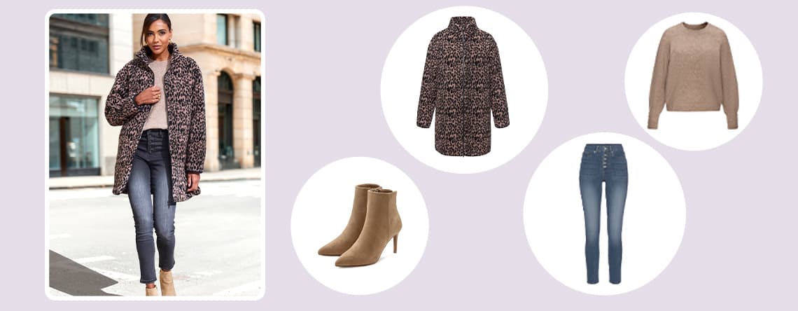 Outfit mit gemustertem Mantel, beige Pullover, blauen Jeans und beigen Stiefeletten, Frau steht auf der Straße