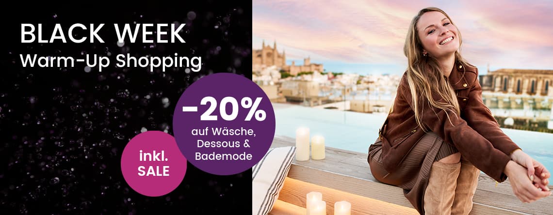 BLACK WEEK Warm-Up Shopping inkl. SALE -20 % auf Wäsche, Dessous & Bademode – Frau in brauner Jacke und beigem Kleid sitzt draußen