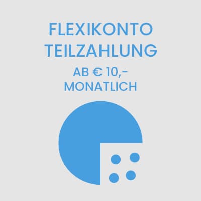 FLEXIKONTO TEILZAHLUNG ab 10 Euro monatlich – blaues Kreisdiagramm mit vier Punkten auf grauem Hintergrund