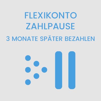FLEXIKONTO ZAHLPAUSE – 3 Monate später bezahlen, daneben blaues Symbol mit Pfeil und Pausenzeichen