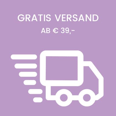 Gratis Versand ab 39 Euro – Symbol eines fahrenden Lieferwagens auf lila Hintergrund