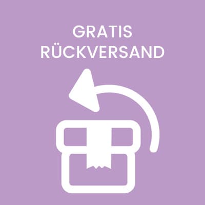 Gratis Rückversand – Symbol eines geöffneten Pakets mit Pfeil nach oben auf lila Hintergrund
