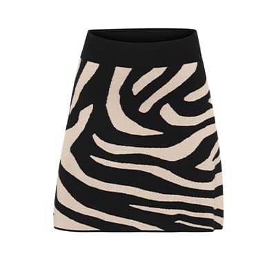 Kurzer Rock mit schwarzem Bund und auffälligem Zebra-Muster in Schwarz und Beige