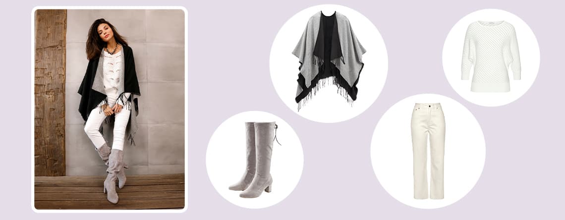 Outfit mit weißem Pullover, weißer Hose, grauen Stiefeln und grauem Poncho mit schwarzem Rand und Fransen