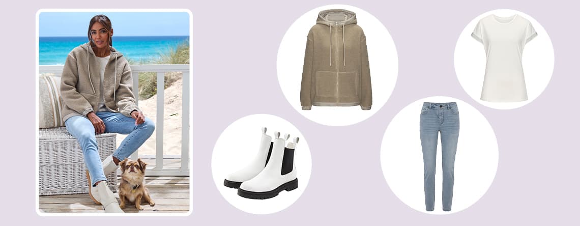 Collage: Frau mit Hund am Strand in beigem Hoodie und Jeans, daneben Hoodie, T-Shirt, Jeans, weiße Stiefel.