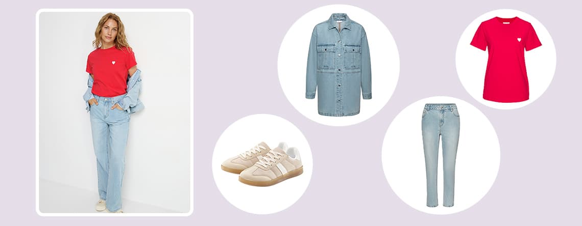 Frau in rotem T-Shirt und Jeans, daneben Jeansjacke, rotes T-Shirt, Jeans und Sneakers.