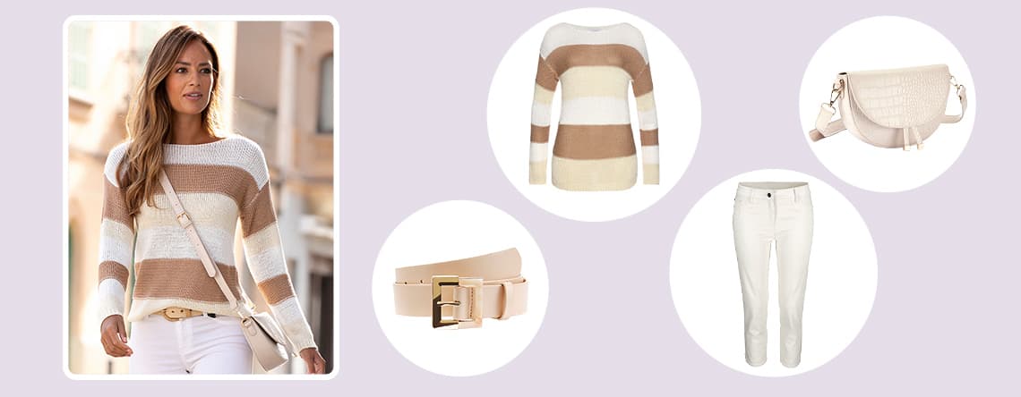 Beige-weiß gestreifter Pullover, beige Gürtel, weiße Hose und beige Tasche – Frau trägt das Outfit.