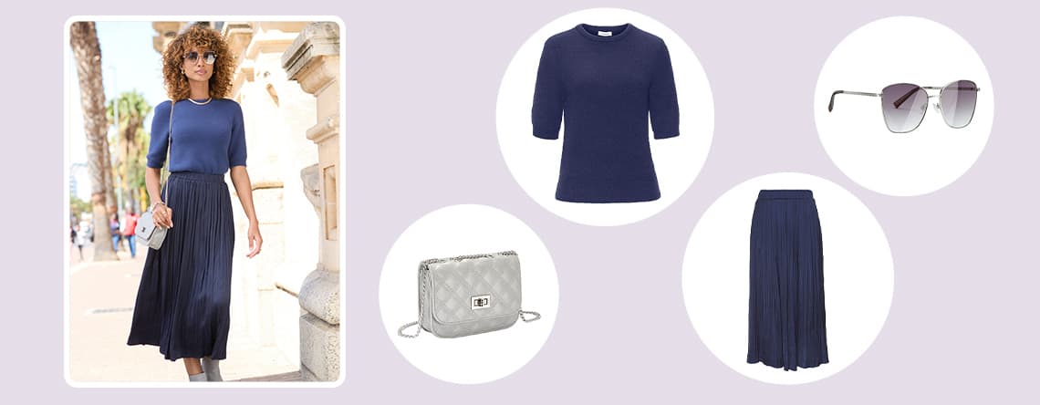 Frau in blauem Top und blauem Rock, trägt graue Tasche. Umrundungen zeigen blaues Top, Rock, Sonnenbrille und Tasche.