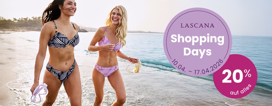 LASCANA Shopping Days 10.04.–17.04.2026, 20 % auf alles – zwei Frauen im Bikini laufen mit Taucherbrillen am Strand entlang