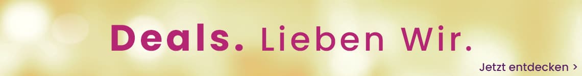 Deals. Lieben Wir. – Schriftzug in Pink vor unscharfem gelblich leuchtendem Hintergrund