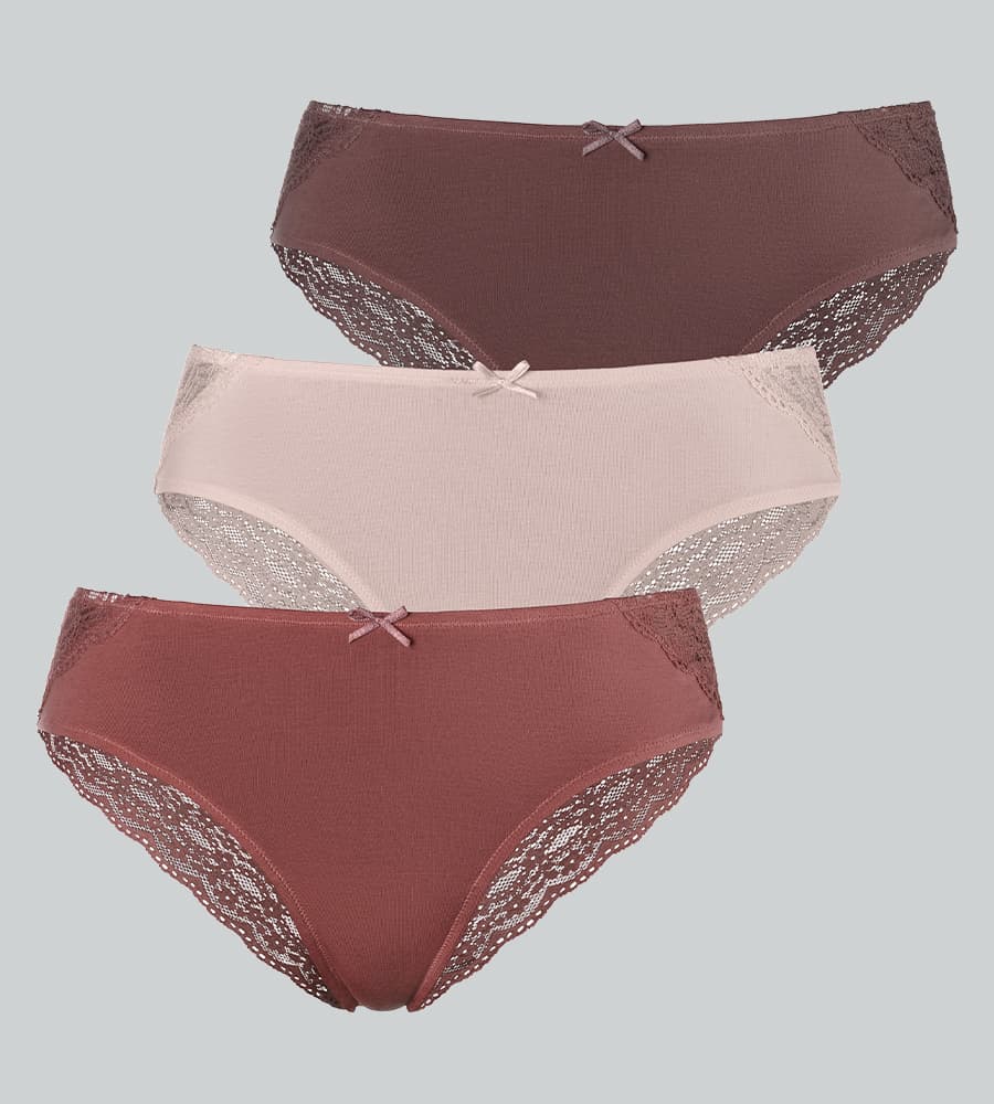 Dreierpack Damen-Slips in Braun- und Rosatönen mit seitlicher Spitze und kleiner Schleife vorne
