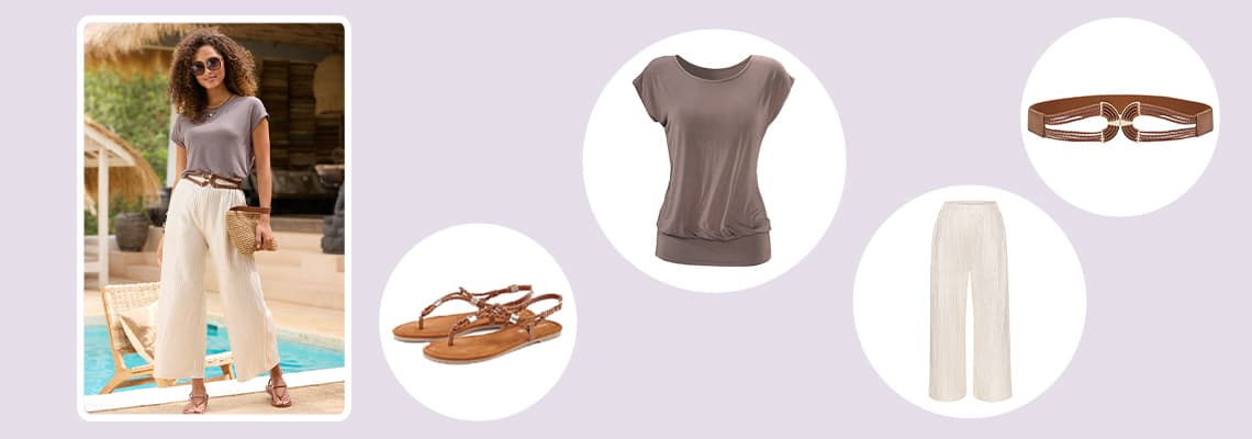 Frau am Pool in grauem Shirt, weiter weißer Hose, Sandalen, Flechtgürtel und Clutch, daneben die einzelnen Teile freigestellt