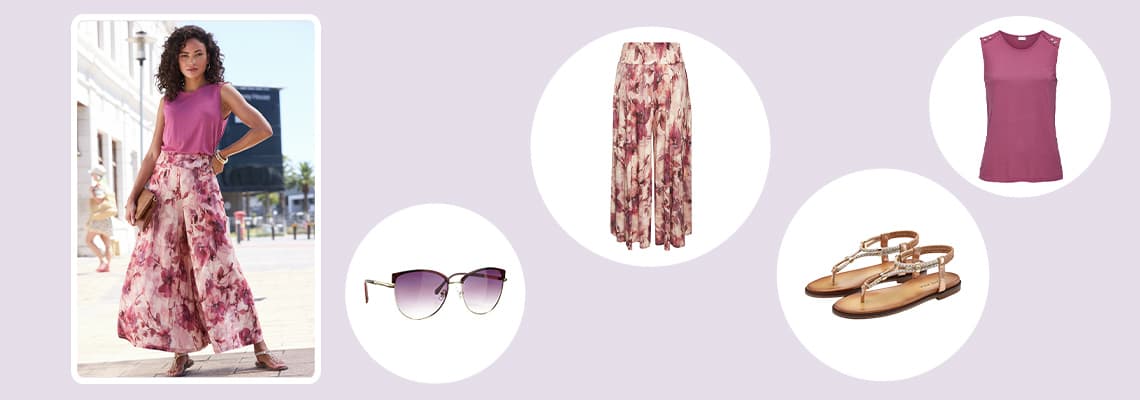 Frau im sommerlichen Stadtlook mit pinkem Top, weitem Blumenrock, Sandalen und Sonnenbrille, daneben die Einzelteile des Outfits