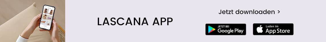 LASCANA App – Jetzt downloaden bei Google Play und im App Store, Hand hält Smartphone mit geöffneter App